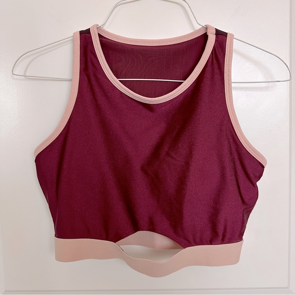 XS Fabletics High Neck Burgundy Cutout Sports Bra with Shiny Material Padded